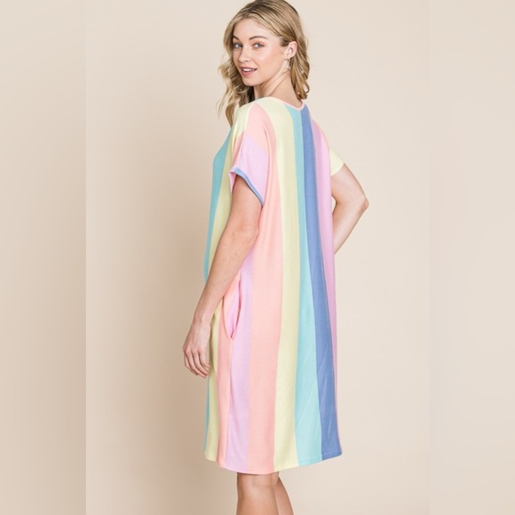 BOMBOM Striped Short Sleeve Dress with Pockets - Picture 2 of 6